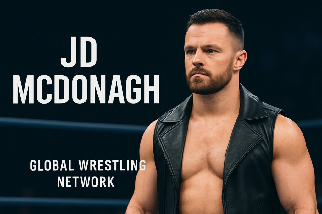 Bearded wrestler in leather vest, promotional text