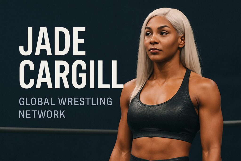 Athletic woman with platinum hair, promotional text