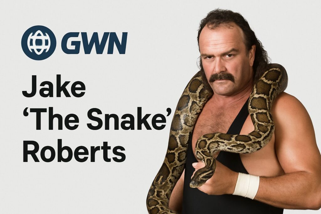Muscled man with moustache and python