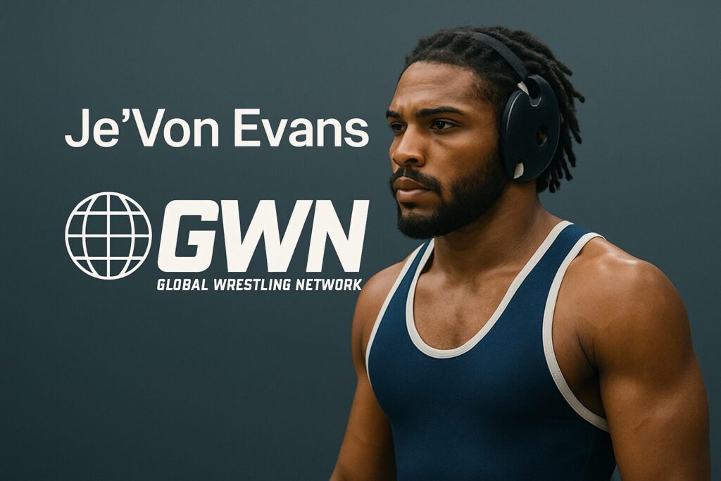 Wrestler in navy singlet with GWN logo.
