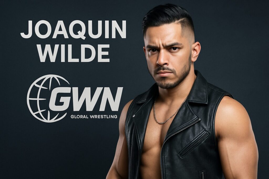 Serious wrestler in sleeveless leather vest.