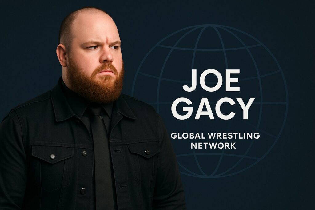 Bearded man beside JOE GACY graphic