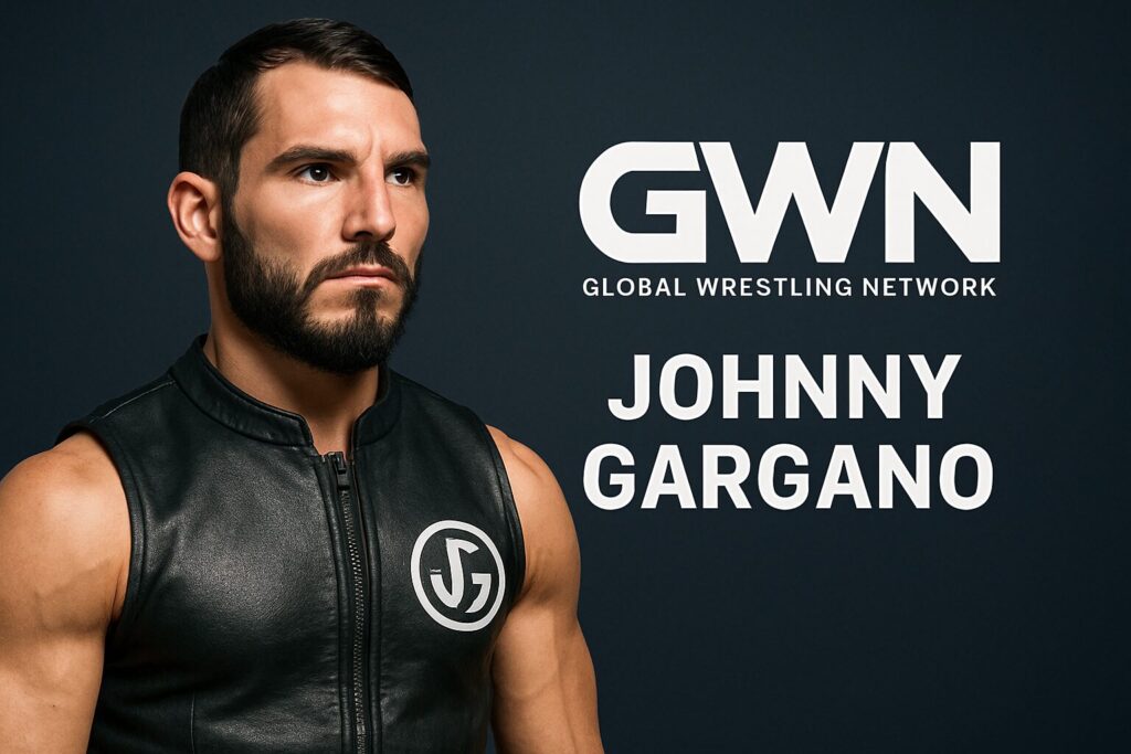 Bearded man in leather vest beside logo