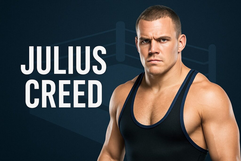 Muscular wrestler in singlet beside JULIUS CREED.