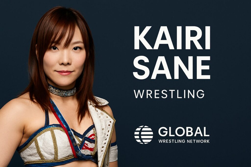 Female wrestler in white-and-blue costume