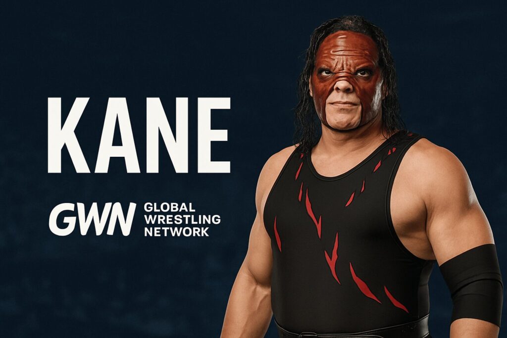 Masked wrestler in black singlet with red