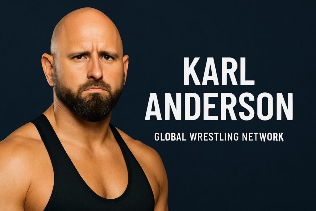Bearded bald wrestler with network branding