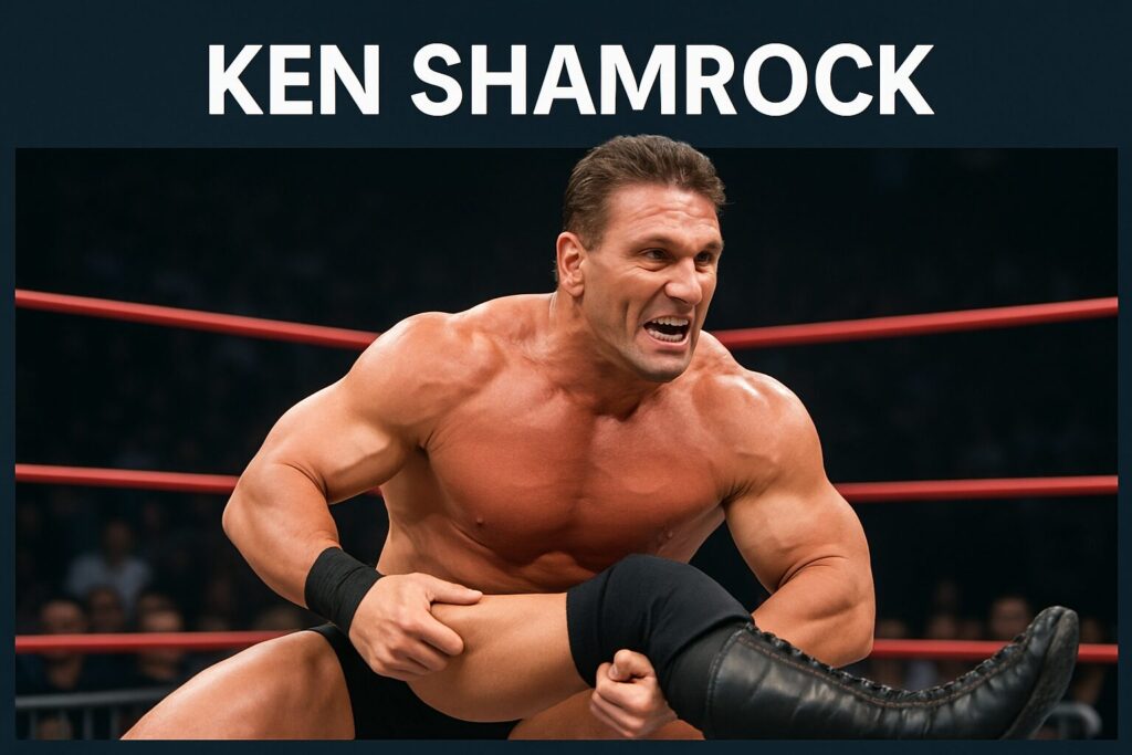 Muscular male wrestler grappling opponent in ring