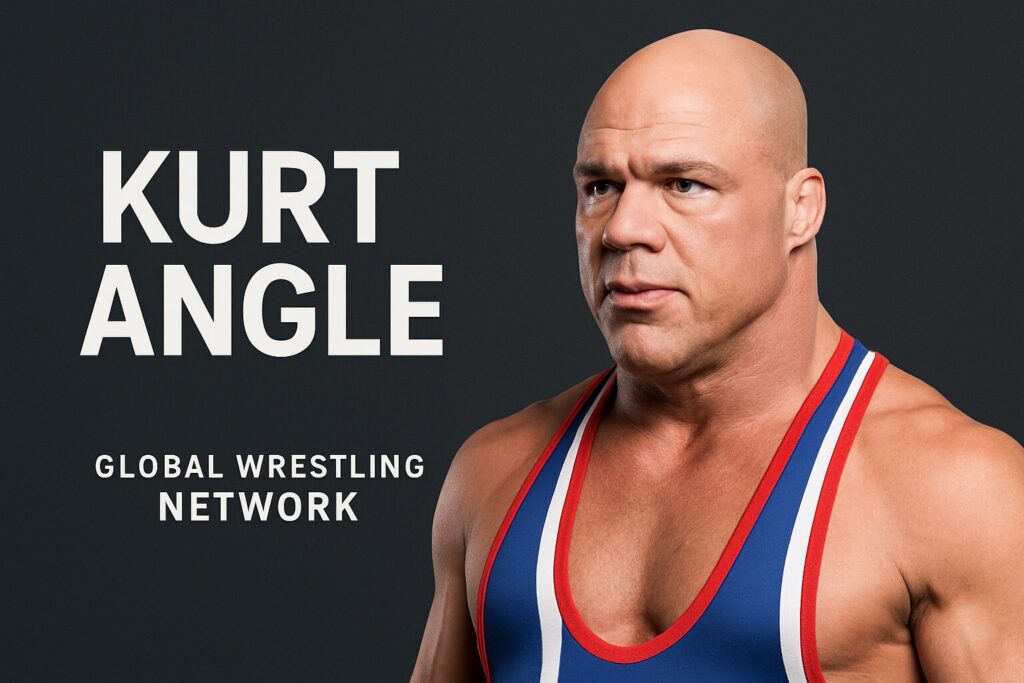 Bald muscular wrestler wearing red-white-blue singlet