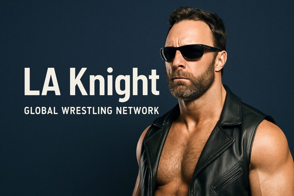 Bearded wrestler wearing sunglasses and leather vest.