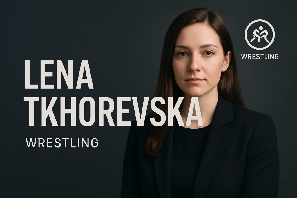 Woman's portrait beside LENA TKHOREVSKA wrestling logo