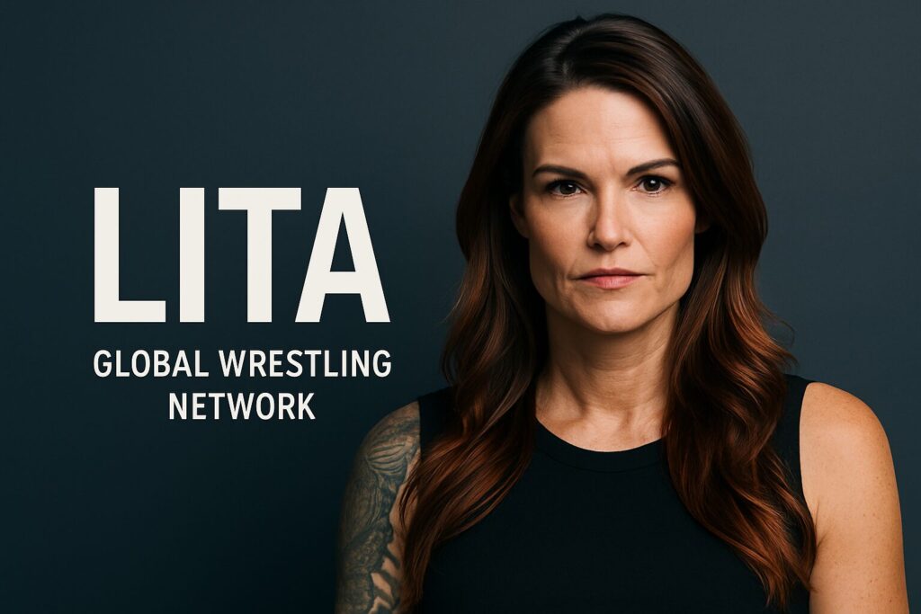 Serious woman with tattooed arm, bold text