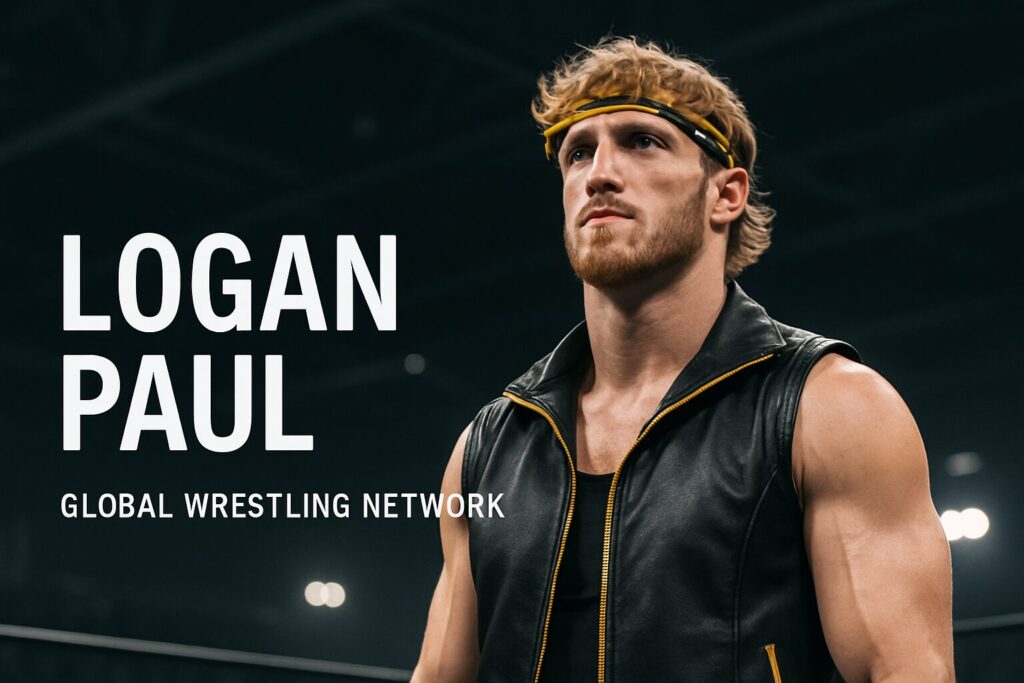 Muscular wrestler in leather vest, yellow headband