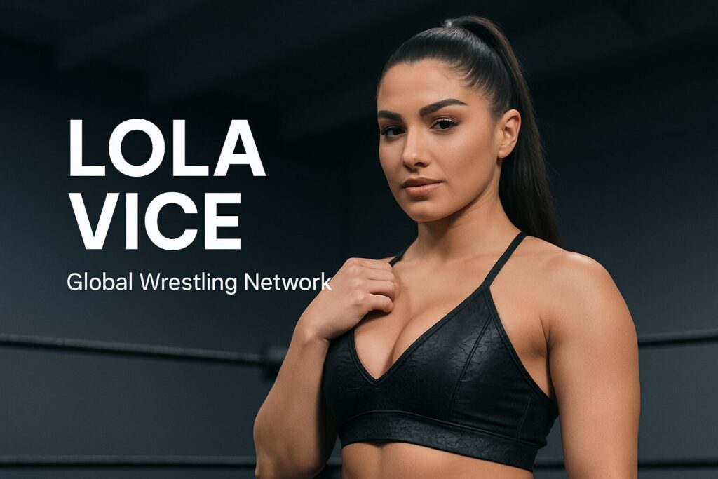 Female wrestler in ring with LOLA VICE