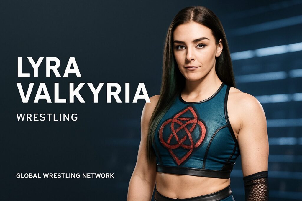 Woman wearing teal wrestling top with emblem