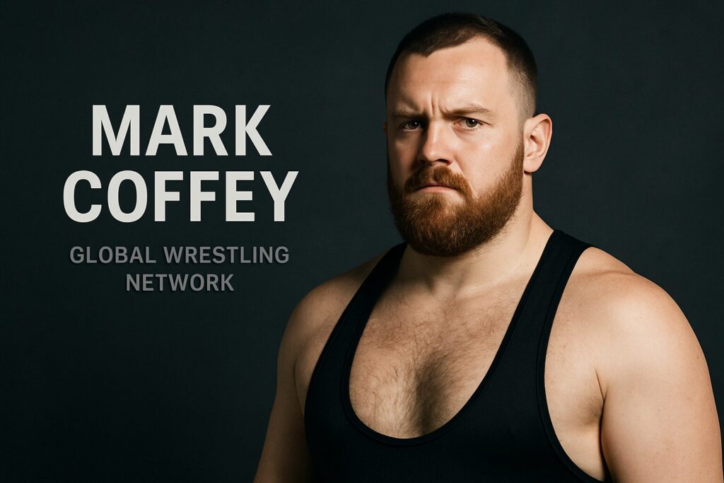 Bearded muscular wrestler in black singlet.