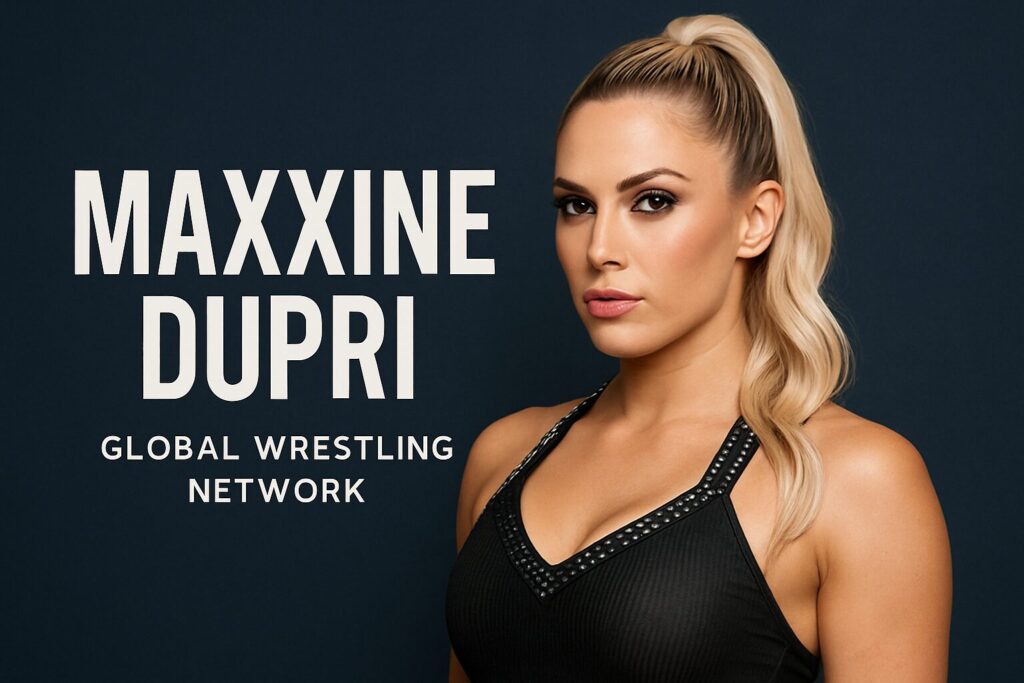 Female wrestler portrait with bold background text