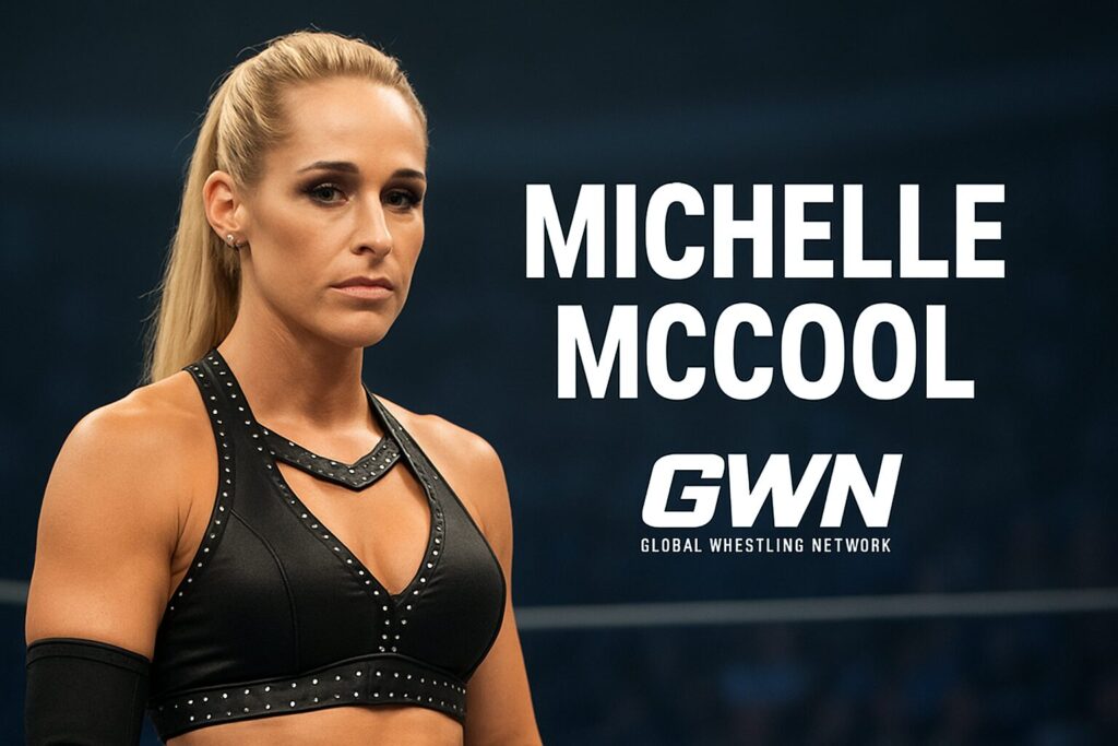 Woman wrestler in black gear with text