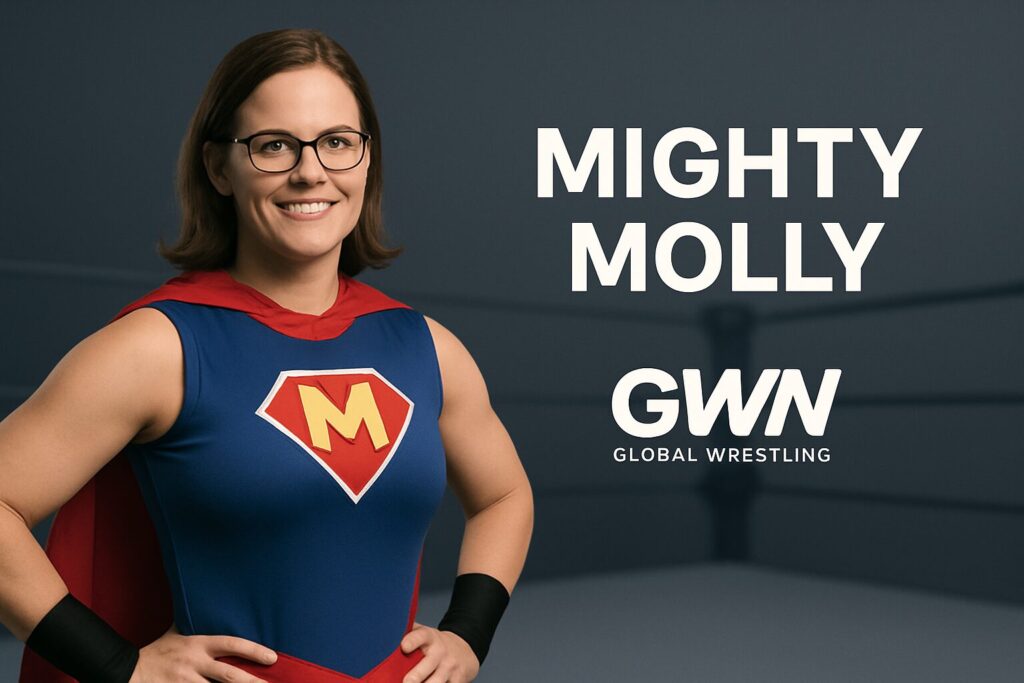 Mighty Molly wrestler wearing an M emblem
