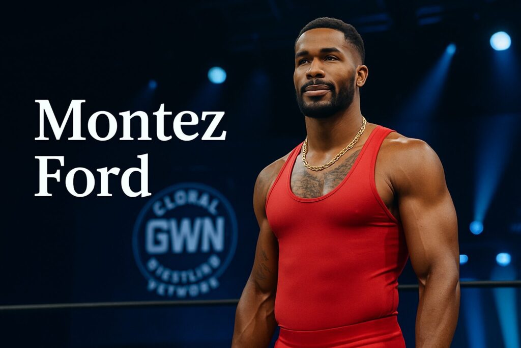 Wrestler in red singlet with gold chain.