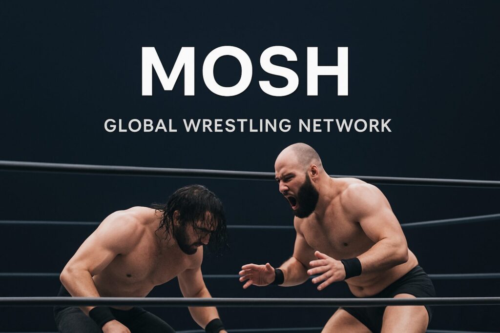Two wrestlers in ring under MOSH logo.