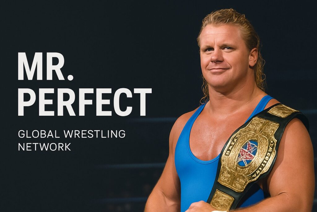 Wrestler wearing championship belt, MR. PERFECT
