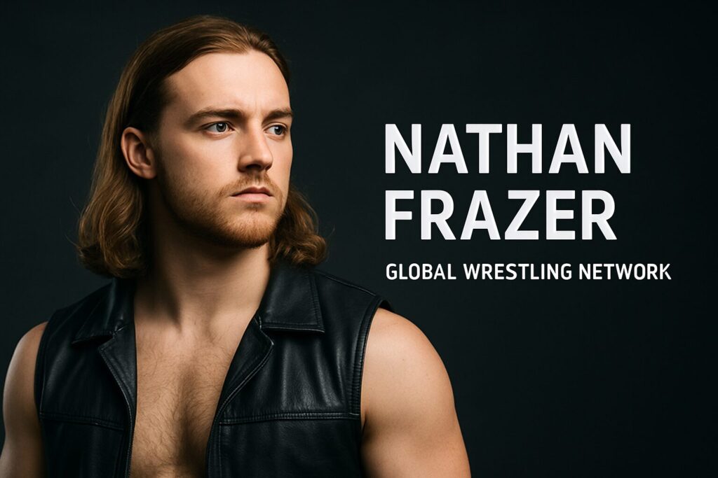 Long-haired wrestler in leather vest, promotional poster