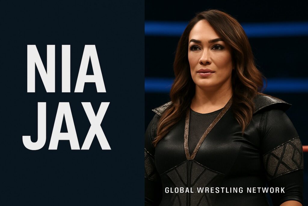 Bold NIA JAX text beside female wrestler.
