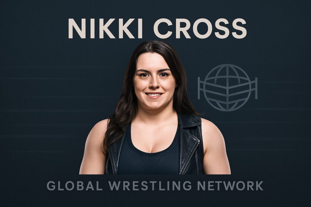 Smiling female wrestler portrait with logo
