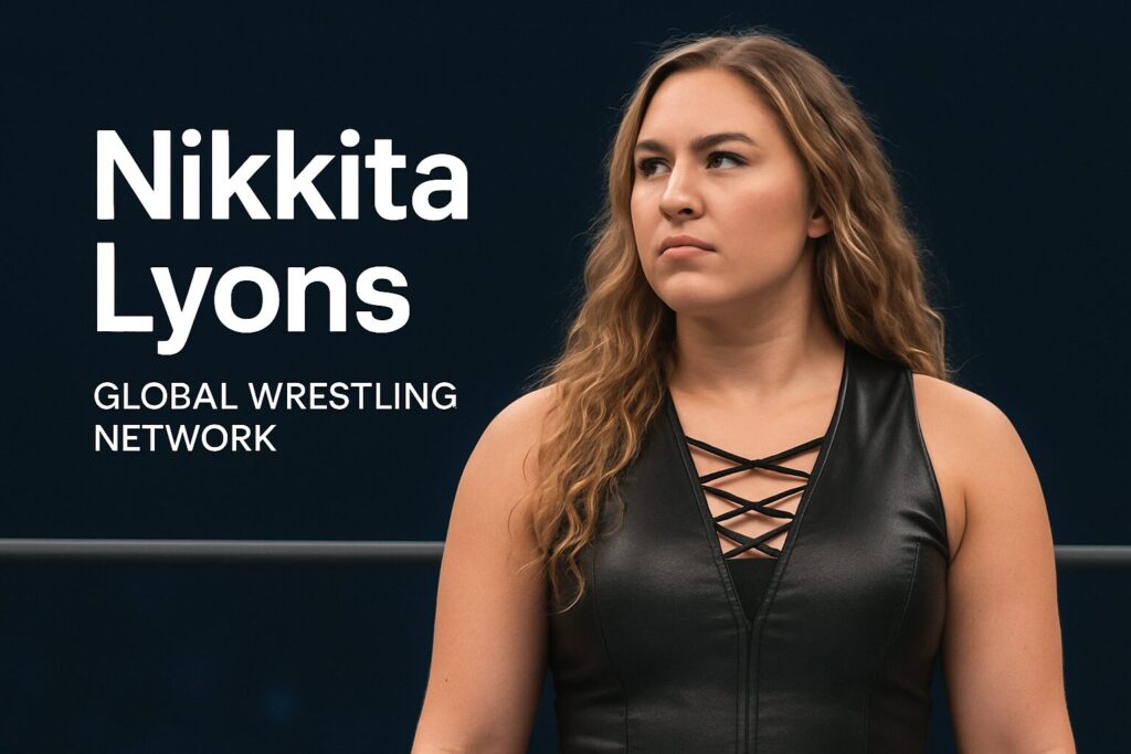 Female wrestler in black leather top