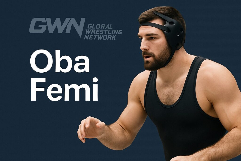 Wrestler with headgear beside Oba Femi text