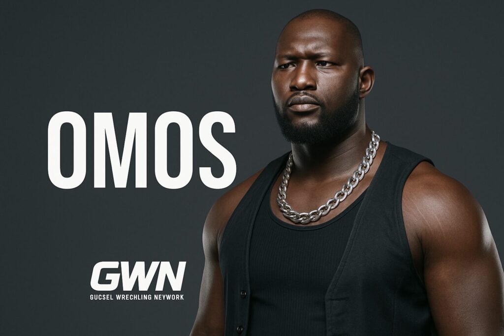 Muscular man wearing chain with OMOS text.