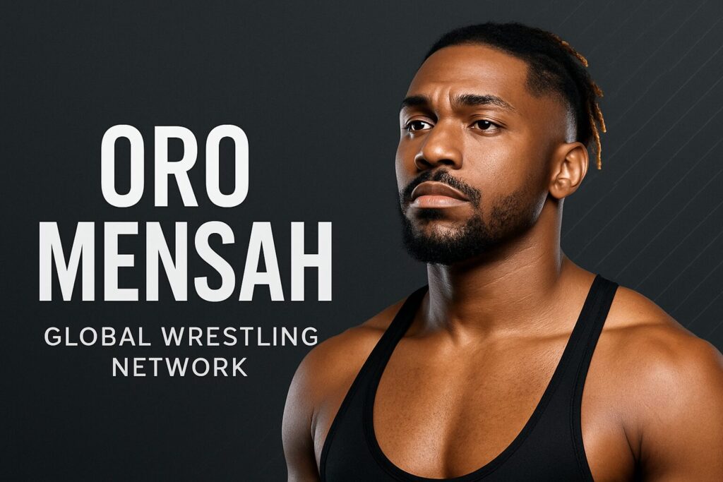 Muscular wrestler beside large ORO MENSAH