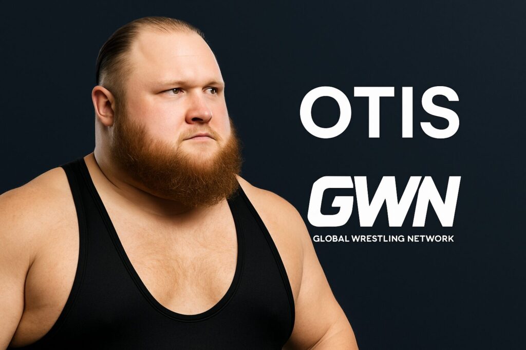Bearded wrestler in black singlet with OTIS
