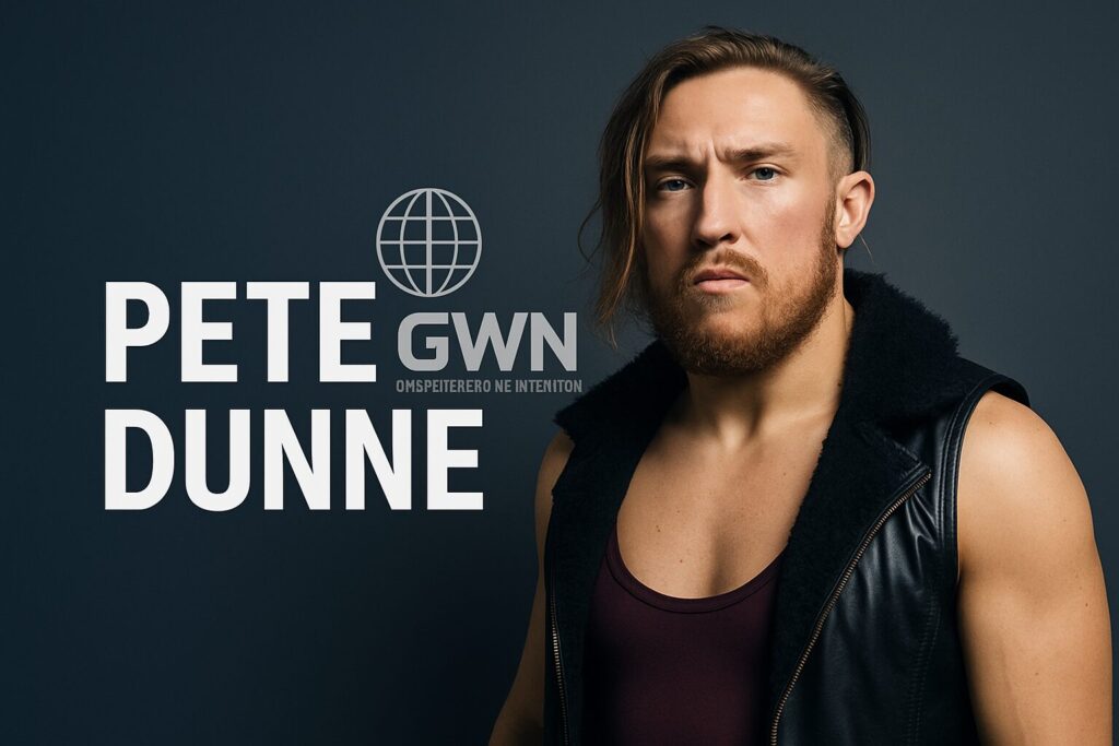 Bearded man in leather vest beside text