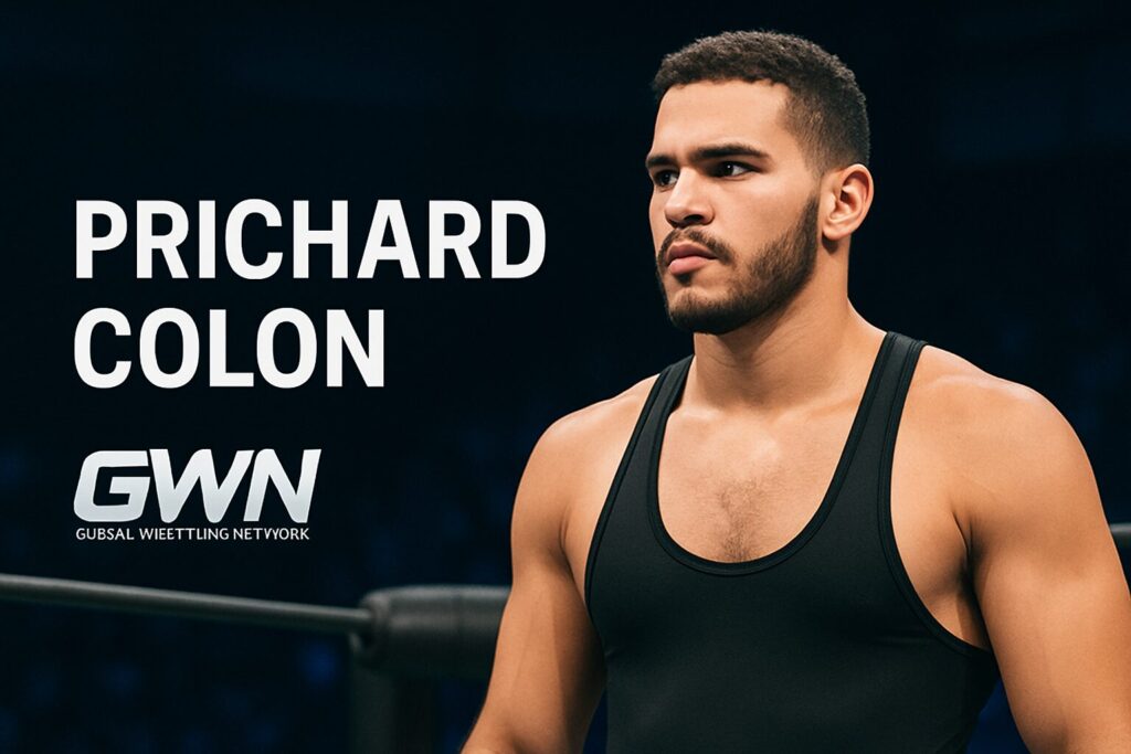 Bearded wrestler in black singlet near logo