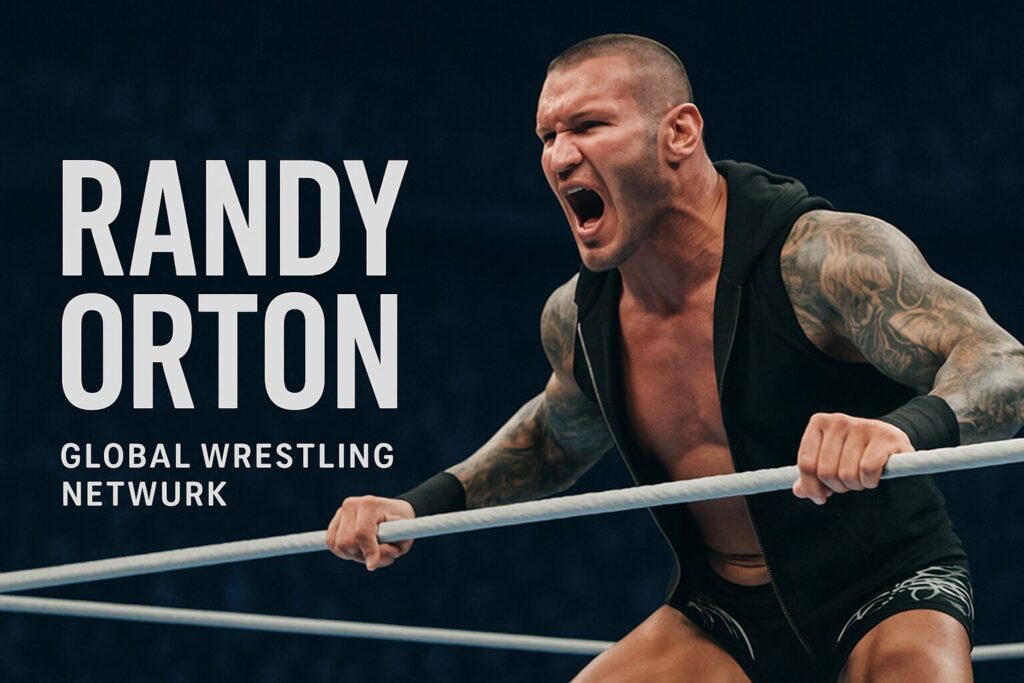 Tattooed muscular wrestler shouting while gripping ropes