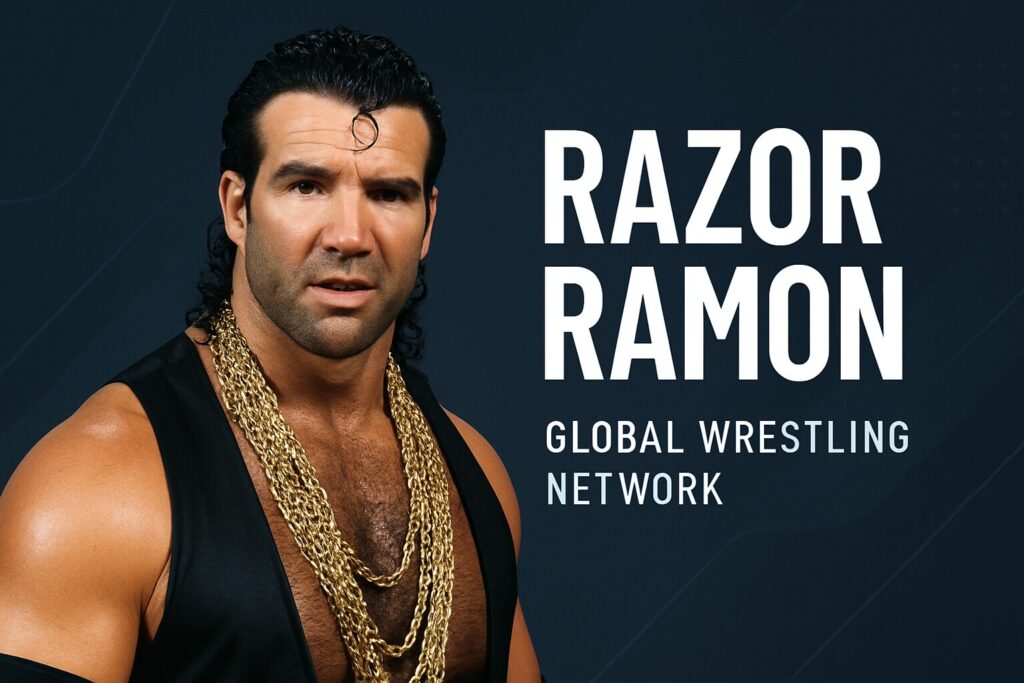 Muscular wrestler wearing layered gold chains