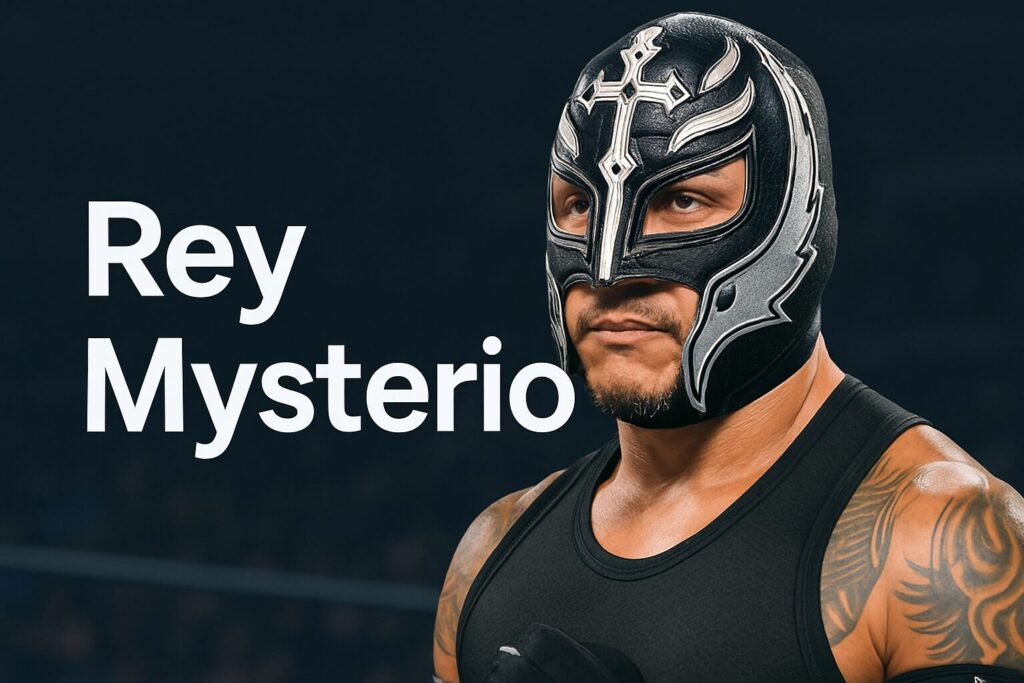 Masked wrestler wearing black, silver cross-adorned mask