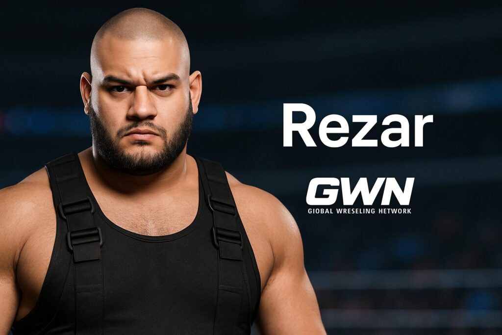 Bald bearded wrestler beside Rezar text