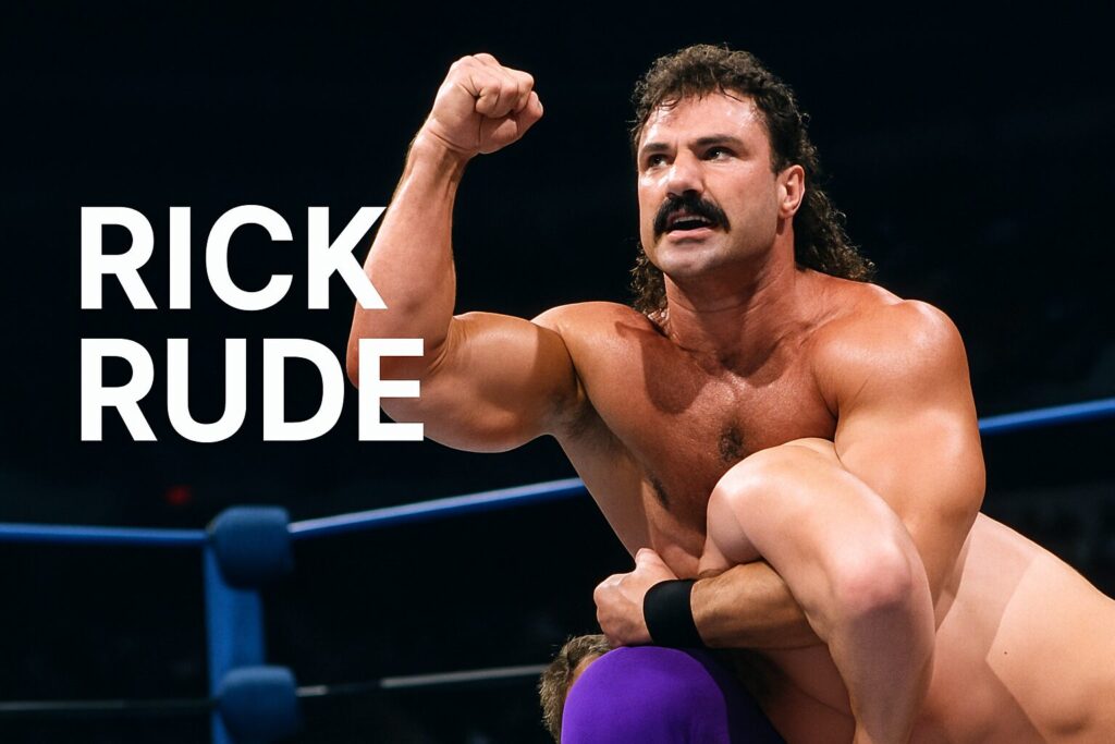 Muscular mustached wrestler flexing in ring.