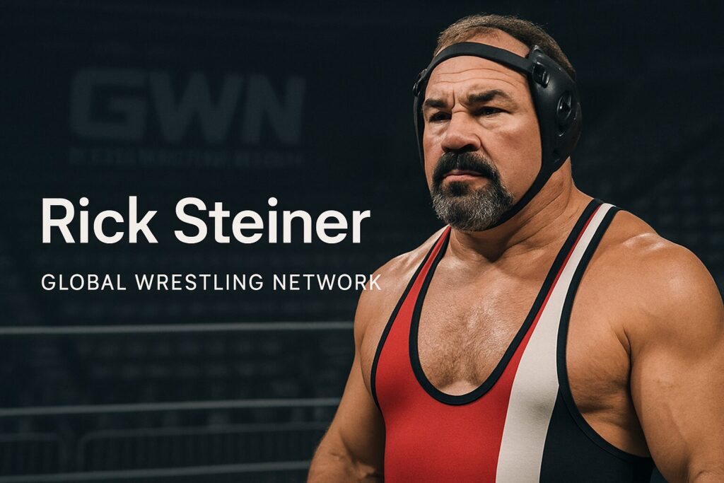 Bearded wrestler in red singlet, headgear.