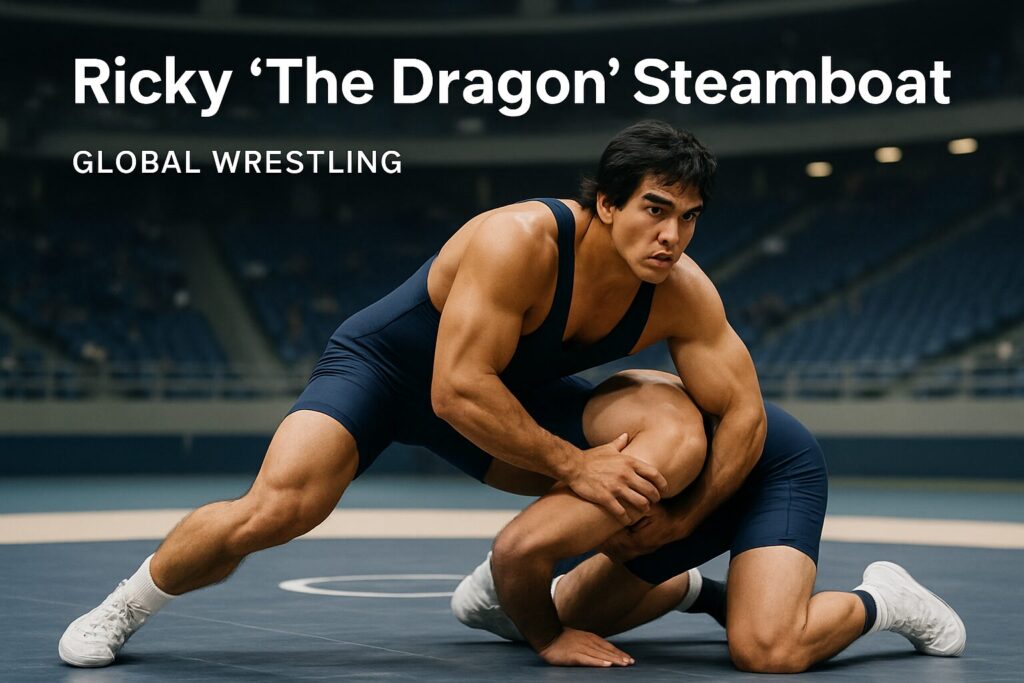 Muscular wrestler in navy singlet tackling opponent