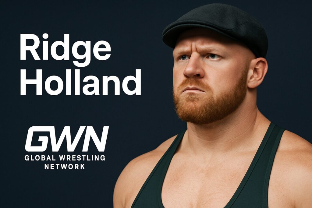 Muscular red-bearded wrestler in cap, GWN logo