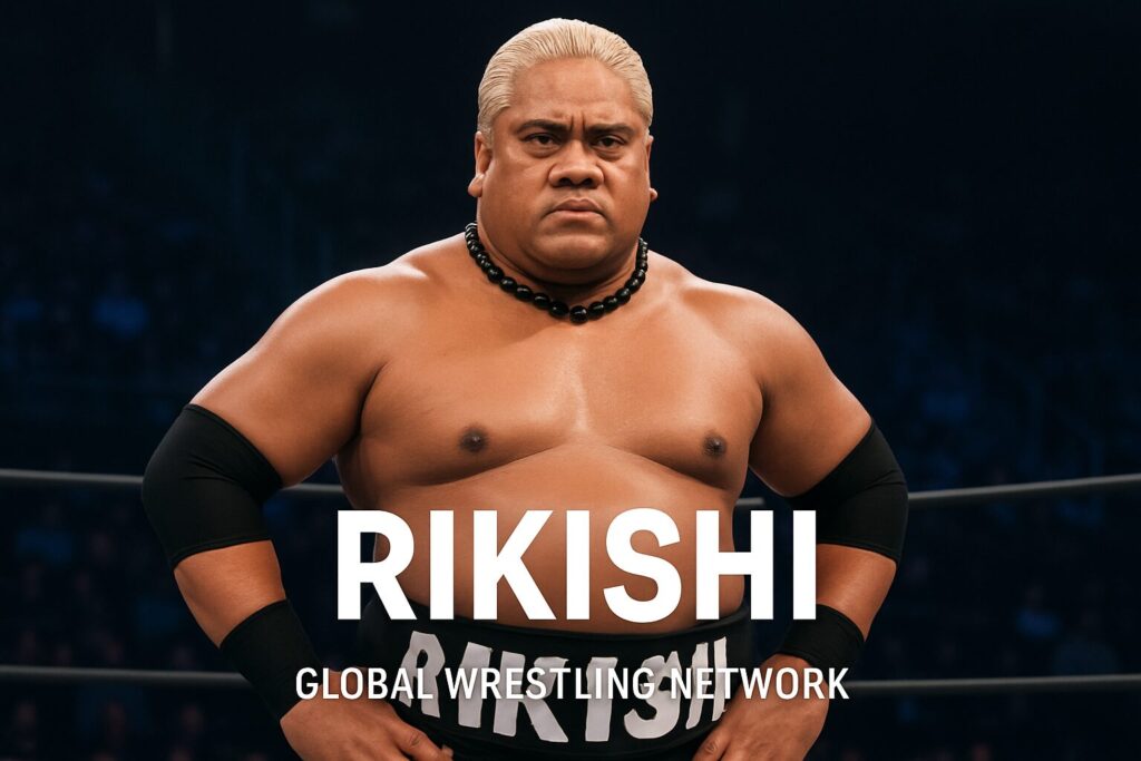 Shirtless heavyset wrestler with bleached hair