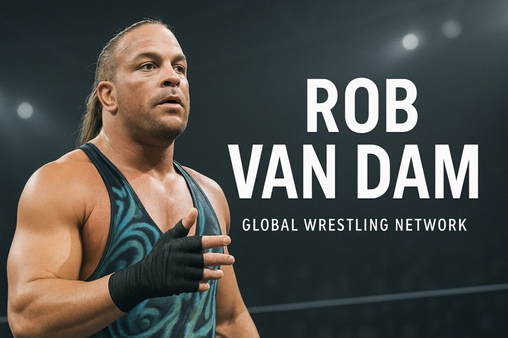 Wrestler in teal singlet beside promotional text