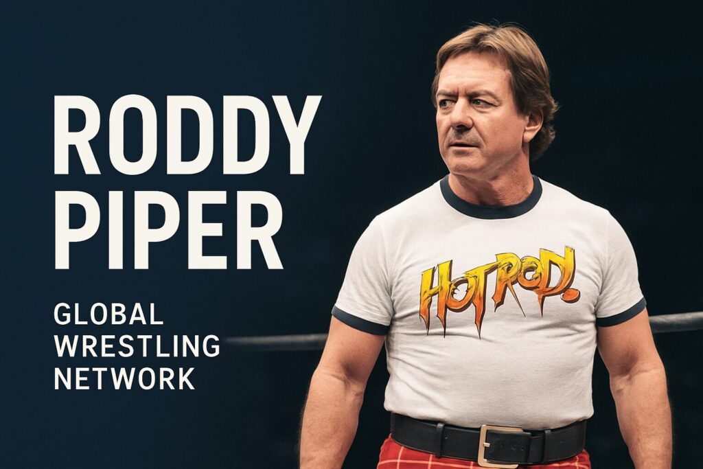 Wrestler-style man wearing Hot Rod shirt.