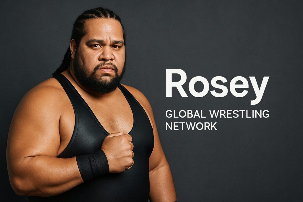 Stoic wrestler in black singlet, clenched fist.