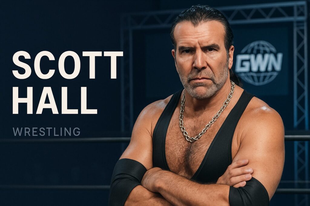 Serious male wrestler wearing chain necklace.