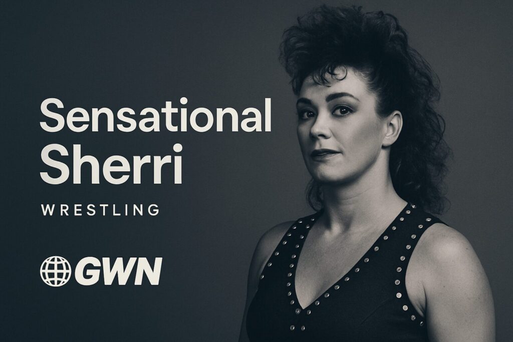 Portrait of female wrestler in studded outfit.